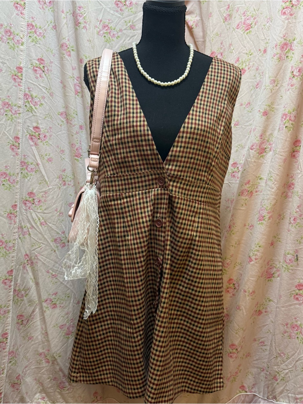 Allegra K Brown Plaid V-Neck Button Midi Dress